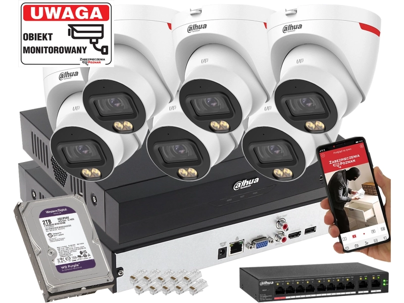 System monitoringu IP Dahua 6x kamera IPC-HDW2449T-S-LED-0280B-PRO 4MPx WizSense WizColor SMD+ 2TB