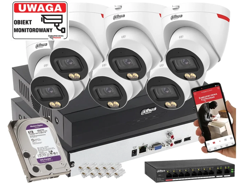 System monitoringu IP Dahua 6x kamera IPC-HDW2849T-S-LED-0280B-PRO 8MPx WizSense WizColor SMD+ 6TB