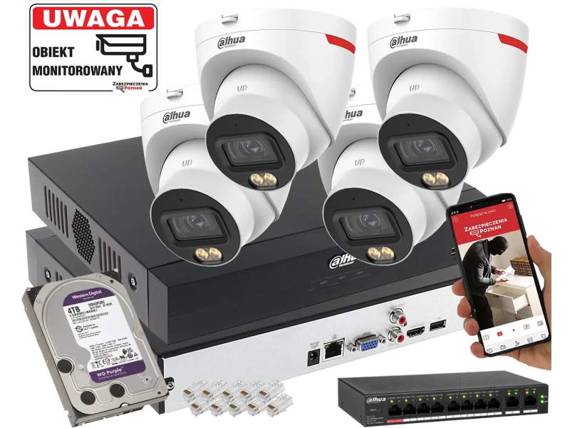 Zestaw 4 kamer IP Dahua IPC-HDW2649T-S-LED-0280B-PRO 6MPx WizSense WizColor SMD PLUS 4TB