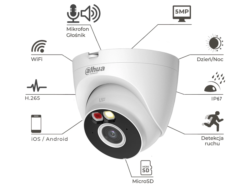 Kamera kopułowa IP WiFi Dahua T5A-PV-0280B 5Mpx, Smart Dual Light, Smart Detekcja, Mikrofon
