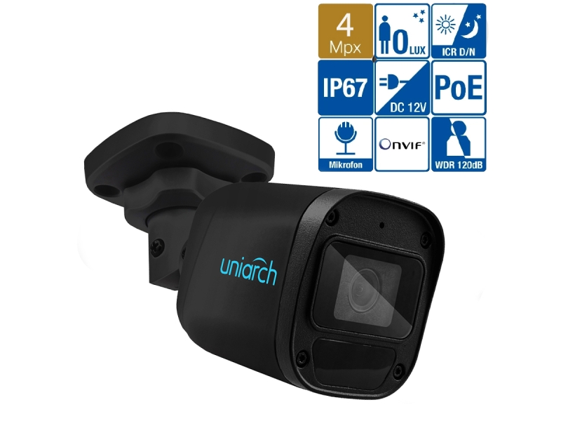 Czarna kamera zewnętrzna IP Uniarch IPC-B124-APF28 BLACK 4Mpx Aplikacja IR30 PoE Mikrofon