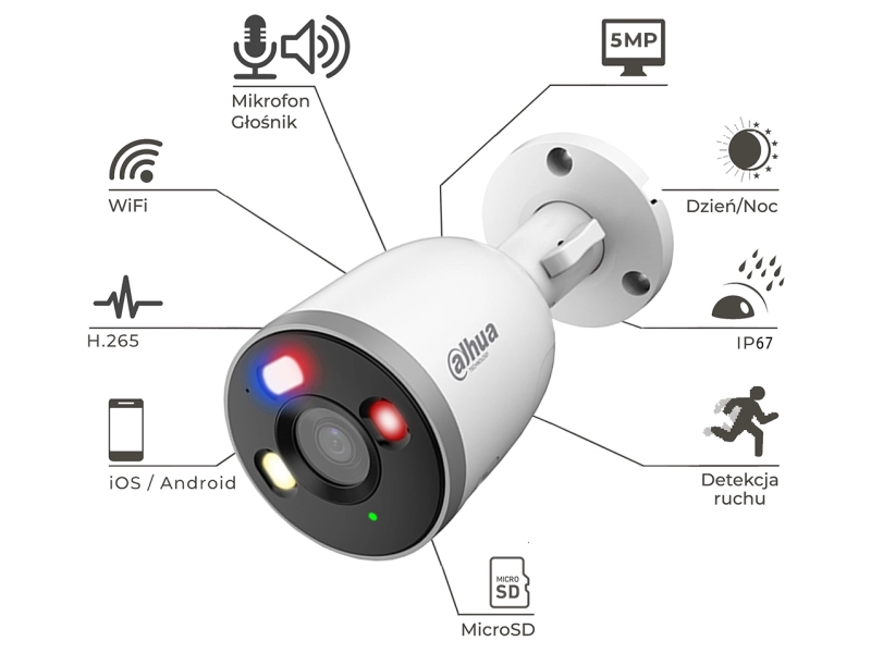 Kamera tubowa IP WiFi Dahua F5D-PV-0280B 5Mpx, Smart Dual Light, Smart Detekcja, Mikrofon