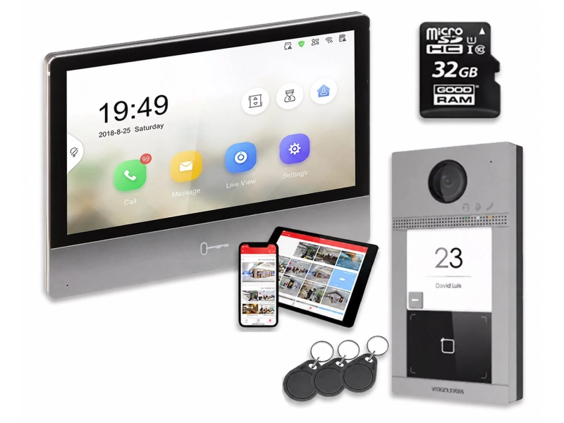 Wideodomofon zestaw IP DS-KH8350-WTE1 + DS-KV8113-WME1 Hikvision + breloki + karta microSD 32 Gb