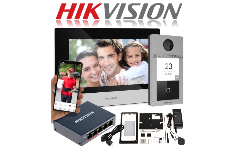 Wideodomofon zestaw DS-KIS604-S(B) Hikvision + breloki + karta microSD 32 Gb