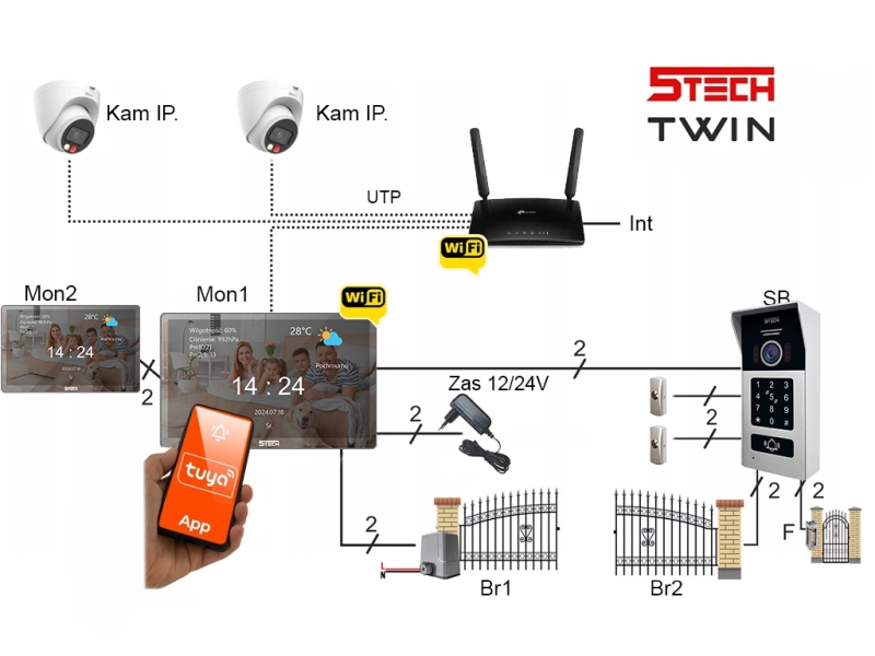 Lustrzany Wideodomofon 2-żyłowy 5TECH seria TWIN monitor 8