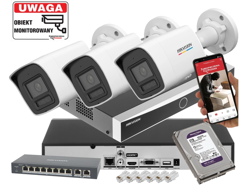 Zestaw kamer tubowych IP Hikvision 3x DS-2CD1047G2H-LIU 4Mpx ColorVu, Smart Hybrid Light, Detekcja ruchu MD 2.0