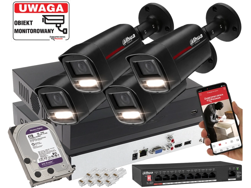 Mały zestaw 4 kamer IP Dahua IPC-HFW2849TL-S-LED-0280B-PRO-BLACK 8MPx WizSense WizColor SMD PLUS Oświetlacz LED do 50m 4TB