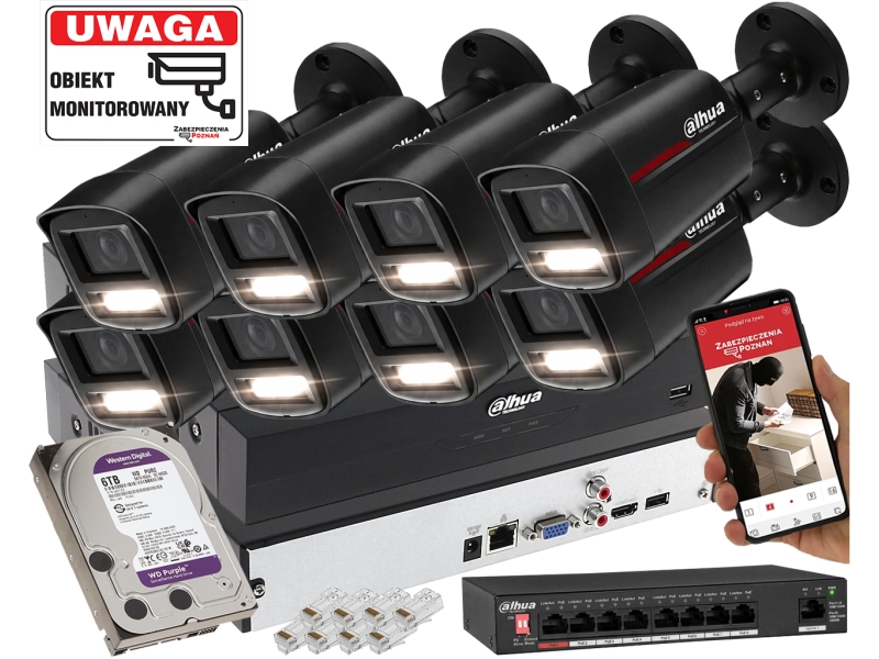 Zestaw 8 kamer IP Dahua IPC-HFW2849TL-S-LED-0280B-PRO-BLACK 8MPx WizSense WizColor SMD PLUS Oświetlacz LED do 50m 6TB