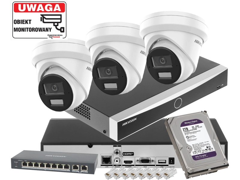 Zestaw 3x kamera kopułowa IP DS-2CD2343G2-LI2U 4Mpx AcuSense Smart Hybrid Light 2-Mikrofony