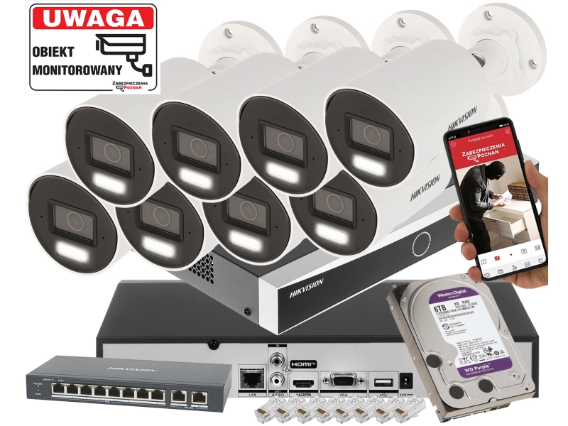 Zestaw monitoringu PRO 8 kamer 3 serii Hikvision DS-2CD2047G3-LI2UY/SL 4MPx ColorVu 3.0 Smart Hybrid Light 6TB