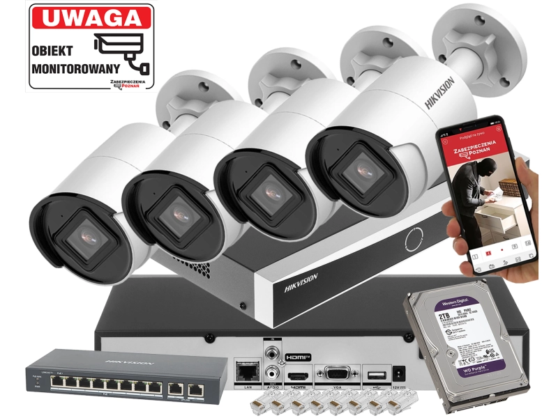 Mocny zestaw monitoringu IP Hikvision 4x kamera tubowa DS-2CD2043G2-I Filtrowanie fałszywych alarmów Detekcja Ruchu 4Mpx PoE