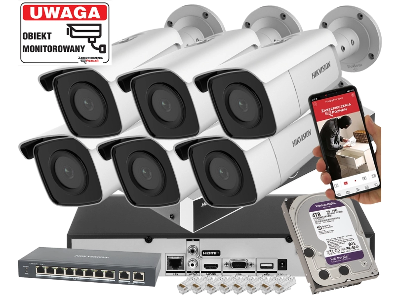 Mocny zestaw monitoringu IP Hikvision 6x kamera DS-2CD2T86G2-2I(2.8MM)(C) 8MPx  Acusense Darkfighter IR60m