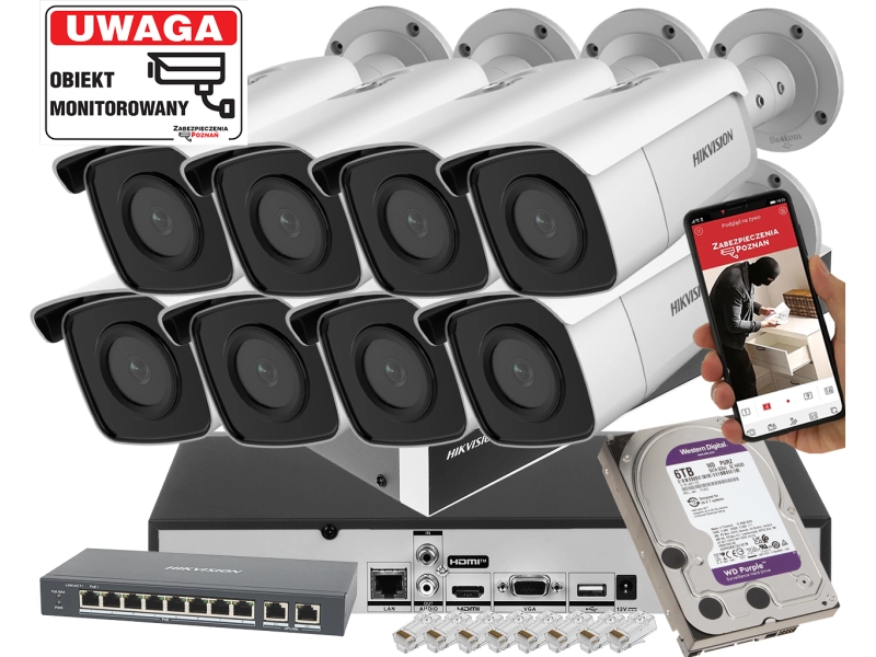 System monitoringu IP Hikvision 8x kamera DS-2CD2T86G2-2I(2.8MM)(C) 8MPx  Acusense Darkfighter IR60m