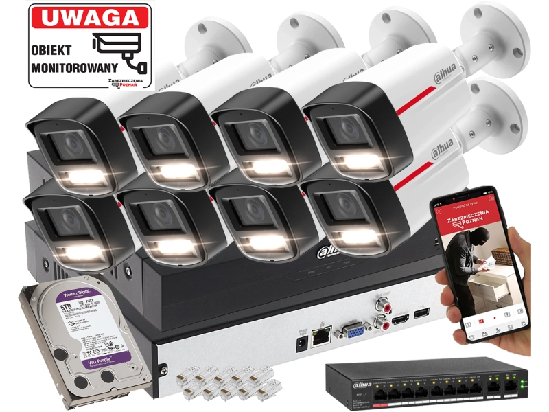 Topowy zestaw profesjonalnego monitoringu IP na 8 kamer Dahua IPC-HFW2449TL-S-LED-0280B-PRO 4MPx WizSense WizColor SMD PLUS Mikrofon