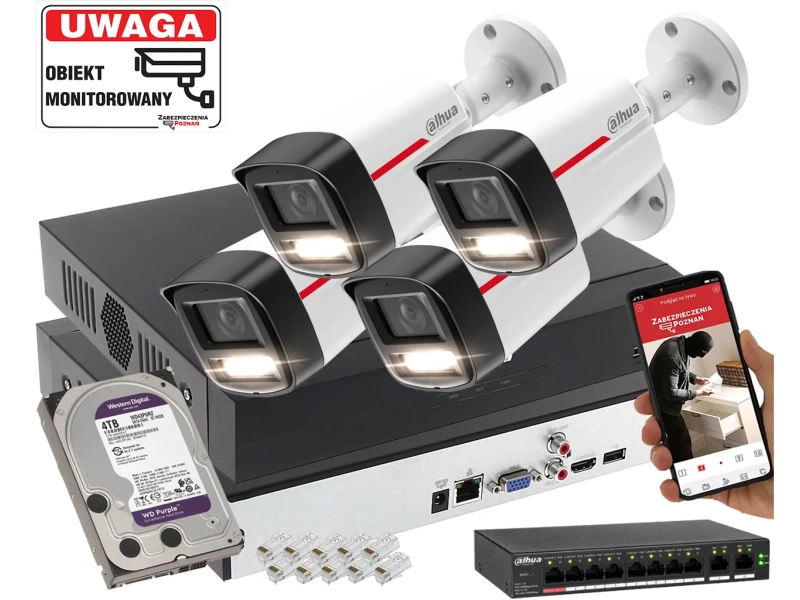 Zestaw 4 kamer IP Dahua IPC-HFW2649TL-S-LED-0280B-PRO 6MPx WizSense WizColor SMD+ 4TB