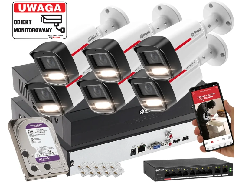 Profesjonalny system 6 kamer IP Dahua IPC-HFW2849TL-S-LED-0280B-PRO 8MPx WizSense WizColor SMD PLUS Oświetlacz LED do 50m 6TB