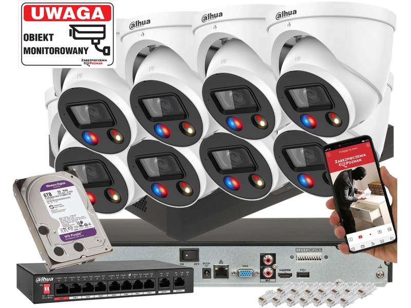 Mocny zestaw monitoring domu IP DAHUA 8x kamera IPC-HDW3849H-AS-PV-0280B-S5 8Mpx 4K TiOC Aktywne odstraszanie Full-Color Analityka SMD+ MicroSD Mikrof