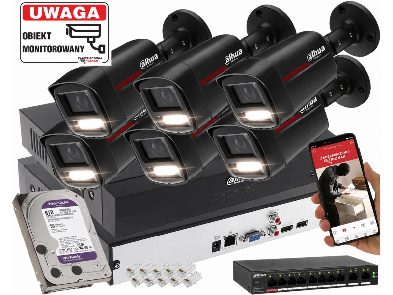 Profesjonalny system 6 kamer IP Dahua IPC-HFW2849TL-S-LED-0280B-PRO-BLACK 8MPx WizSense WizColor SMD PLUS Oświetlacz LED do 50m 6TB