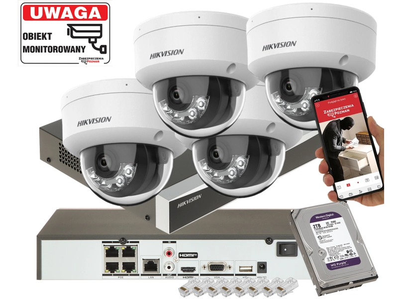 Mocny zestaw monitoringu na 4 kamery IP kopułowe Hikvision DS-2CD1183G2-LIUF 8Mpx do słabo oświetlonych miejsc z detekcja Ruchu