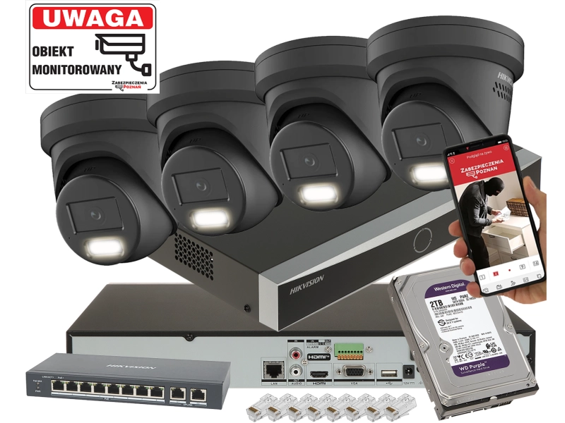 Mocny zestaw najnowszych kamer IP 4x Kamera kopułowa DS-2CD2347G3-LIS2UY/SL BLACK 4Mpx AcuSense 3.0, ColorVu 3.0 Smart Hybrid Light 2-Mikrofony