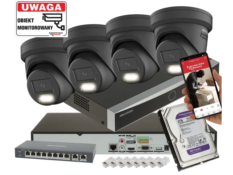 Zestaw kamer kopułowych PRO Hikvision DS-2CD2387G3-LIS2UY/SL BLACK 8Mpx AcuSense 3.0, ColorVu 3.0 Smart Hybrid Light 2-Mikrofony 4TB