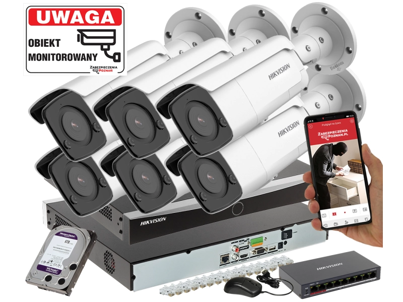 Monitoring całodobowy 6 kamer Hikvision DS-2CD2T86G2-ISU/SL 8MPx Acusense DarkFighter lampa stroboskopowa dwukierunkowe audio