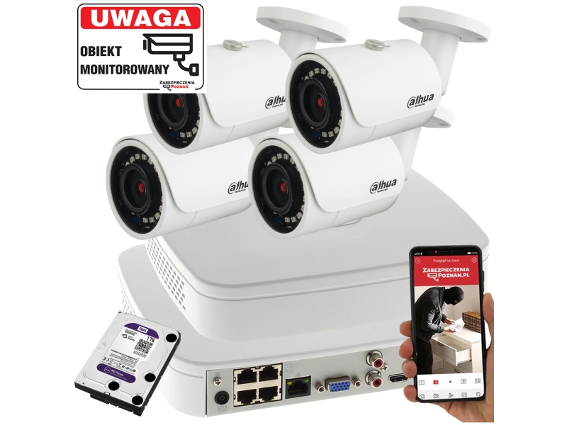 Monitoring do domu 4 kamery IP Dahua IPC-HFW1431S-0280B-S4 4Mpx POE DZIEŃ NOC