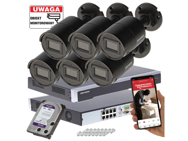 Monitoring do firmy 6 kamer IP Hikvision DS-2CD2086G2-IU(2.8MM)(C)(BLACK) ACUSENSE DARKFIGHTER 8Mpx PoE