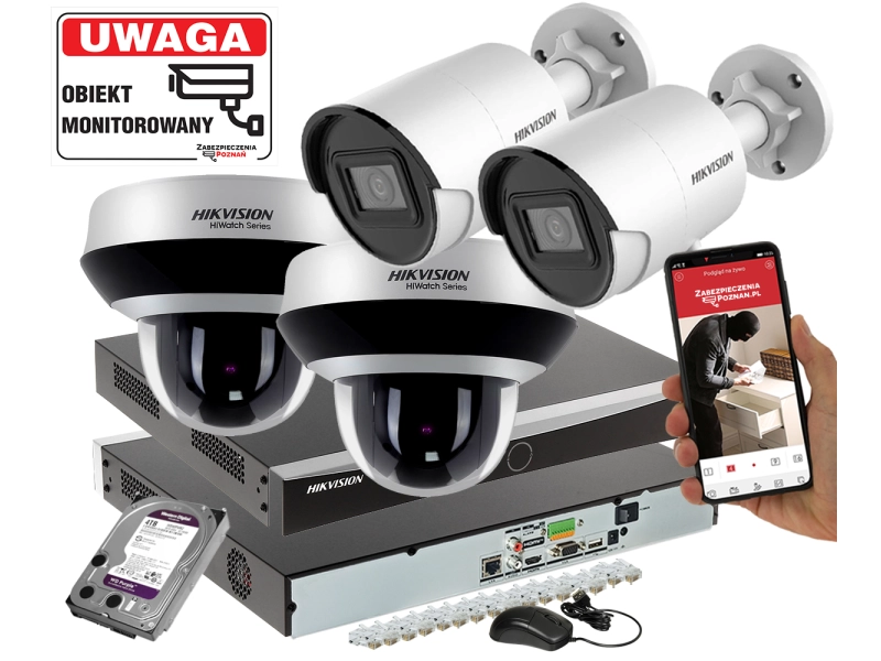 Monitoring domu 4 kamery HIKVISION 2x DS-2CD2043G2-I Pełna Analityka Acusense 2x HWP-N2404IH-DE3 Obrotowa PTZ Zoom 4Mpx + Switch PoE