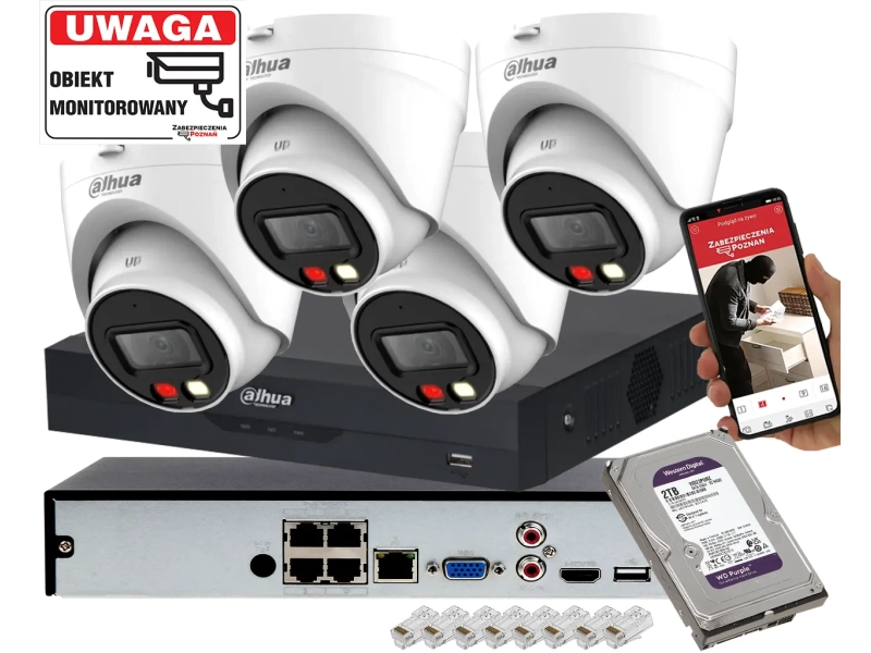 Zestaw monitoringu 4 kamery IP kopułowe Dahua IPC-HDW1439V-A-IL 4MPx Oświetlacz IR/LED Detekcja ludzi 2TB
