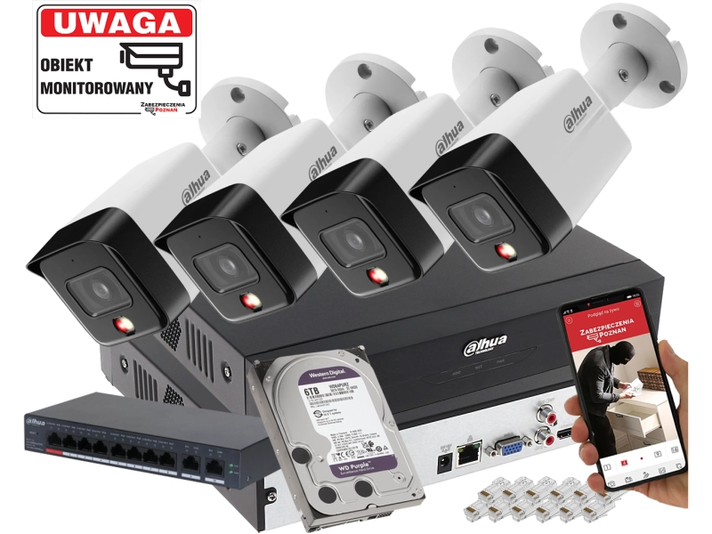 Zestaw monitoringu 4 kamery 8MPx Dahua IPC-HFW1839TC-A-IL + Rejestrator + Dysk 6TB + Switch PoE