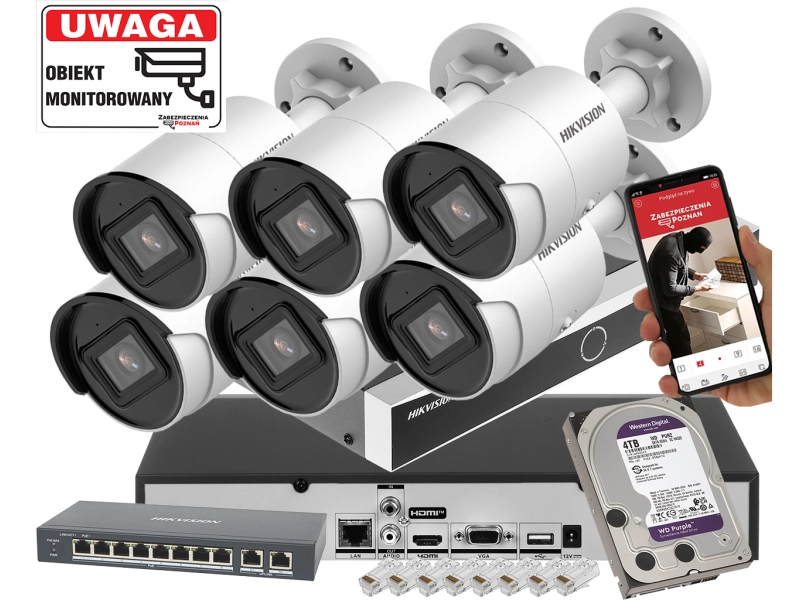 Monitoring Domu 4K 6x kamera IP tubowa DS-2CD2083G2-IU 8Mpx Inteligentna detekcja ruchu Acusense PoE