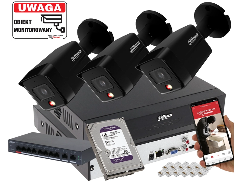 Zestaw monitoringu 3x kamera IP 6MPx Dahua IPC-HFW1639TC-A-IL-0280B-S6 BLACK Smart Dual Light Detekcja Ludzi