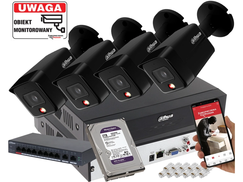 Monitoring domu na 4 kamery IP 6MPx Dahua IPC-HFW1639TC-A-IL-0280B-S6 BLACK Smart Dual Light Detekcja Ludzi