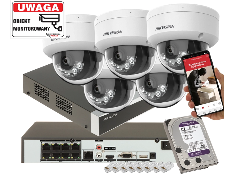 Monitoring na 5 kamer IP kopułowych Hikvision DS-2CD1183G2-LIUF 8Mpx do słabo oświetlonych miejsc z detekcja Ruchu