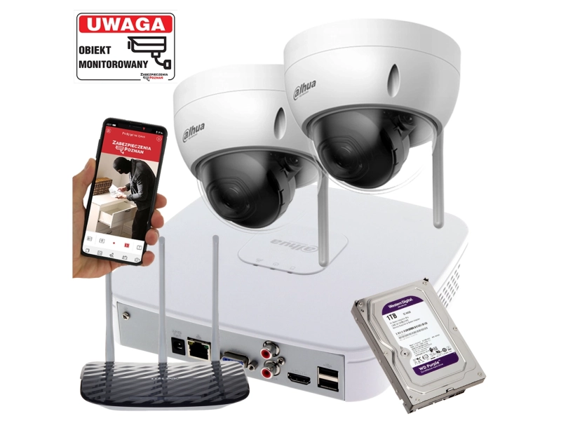 Monitoring WiFi 2 kamery IP Dahua IPC-HDBW1430DE-SW-0280B 4MPx Detekcja ruchu MicroSD Aplikacja