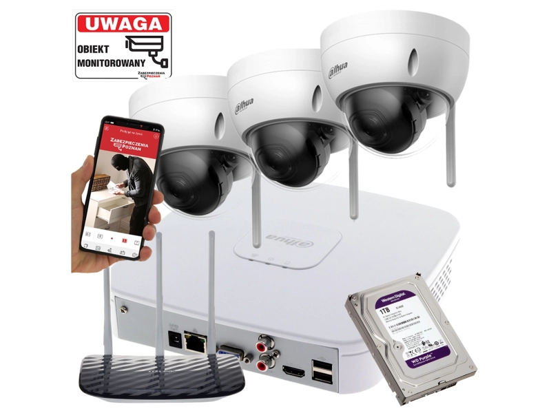 Monitoring WiFi 3 kamery IP Dahua IPC-HDBW1430DE-SW-0280B 4MPx Detekcja ruchu MicroSD Aplikacja