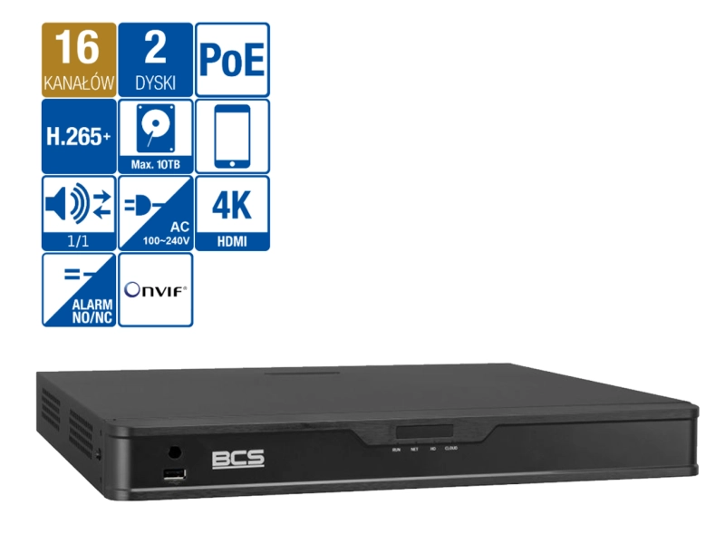 Rejestrator IP BCS-P-NVR1602-4KE-16P-II PoE SERIA BCS POINT Analityka na 16 kamer IP do 8MPx