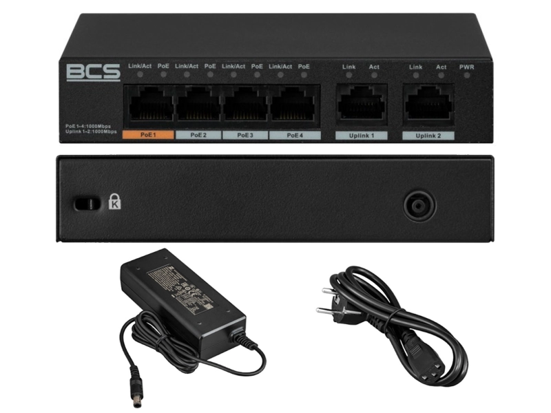 Switch POE 6 portowy BCS-L-SP04G02G(II) 4x PoE, 2x LAN Moc 60W 14Gb/s