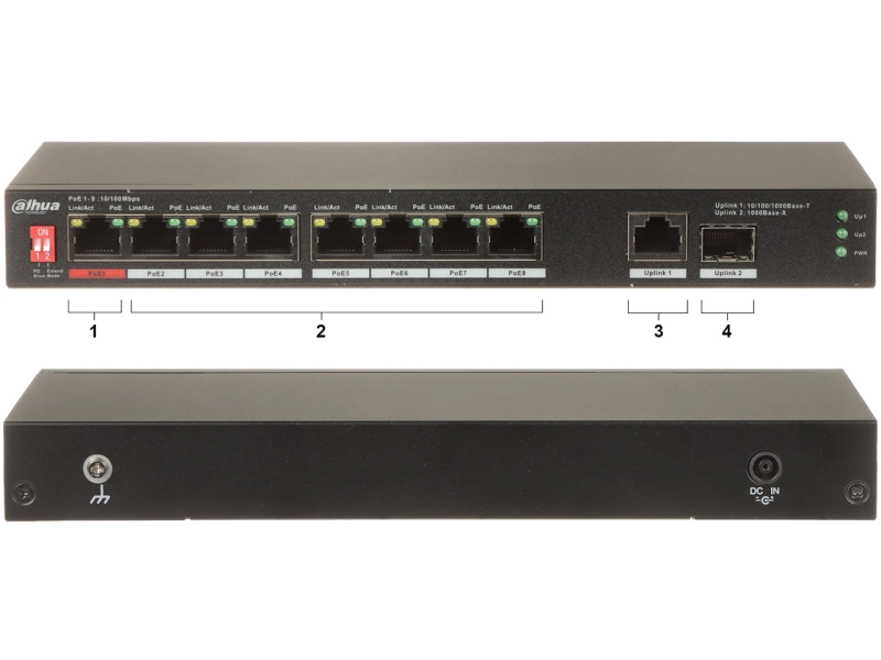 Switch POE PFS3110-8ET1GT1GF-96 8-PORTOWY DAHUA 2x UPLINK SFP