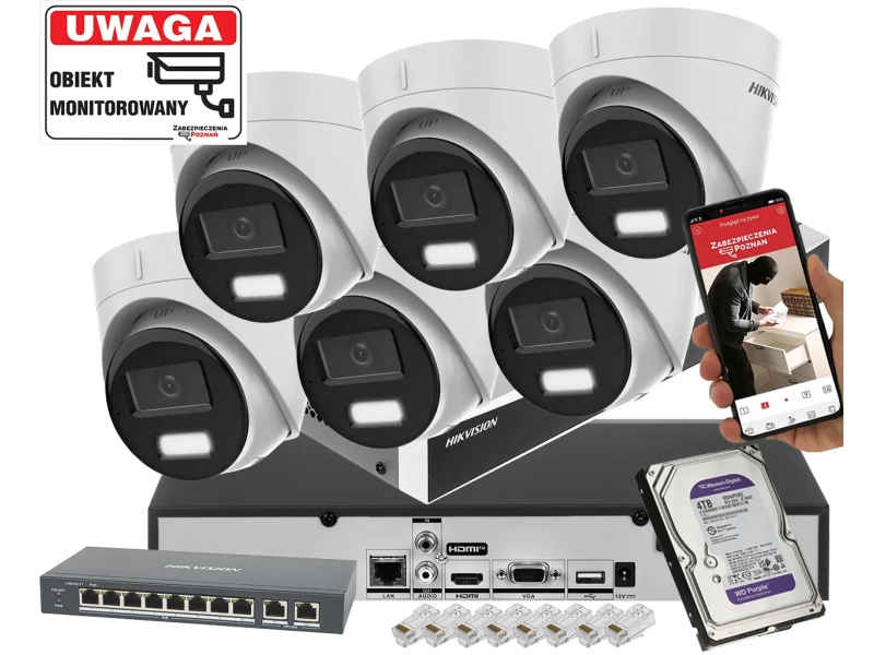 System monitoringu na 6 kamer IP (podbitka) HIKVISION DS-2CD1343G2-LIUF/SL 4MP z rejestratorem Acusense Aktywne odstraszanie 4TB