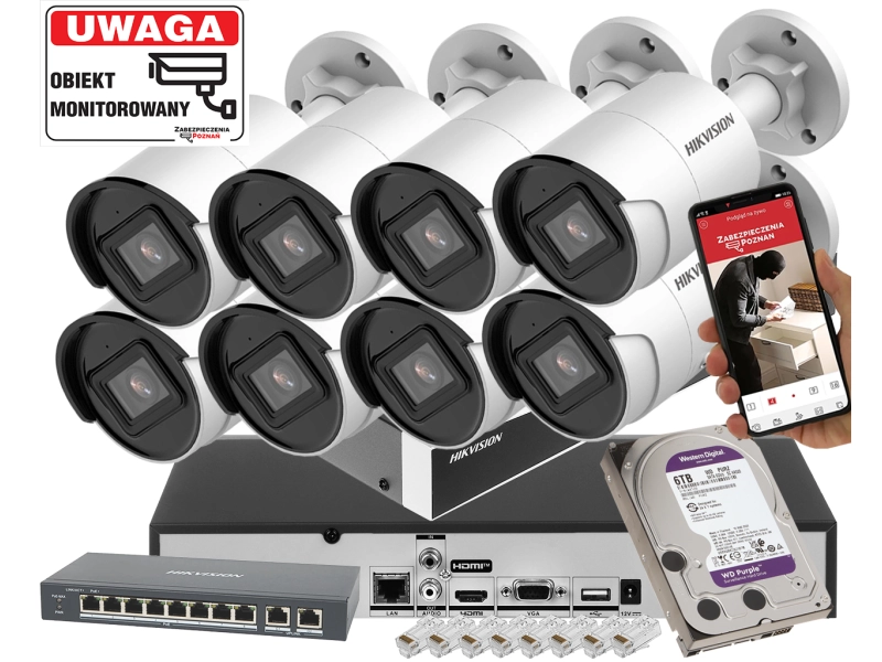 System monitoringu do firmy 8x kamera IP tubowa DS-2CD2083G2-IU 8Mpx Inteligentna detekcja ruchu Acusense PoE