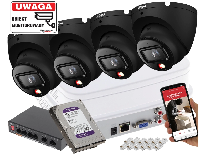 System monitoringu Domu 4x kamera IP Dahua IPC-HDW1639T-A-IL-0280B-S6 BLACK 6Mpx SMD człowiek + Smart Dual Light + Full-Color