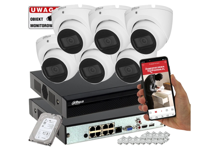 System monitoringu firmy 6 kamer IP Dahua IPC-HDW1530T-0280B-S6-WHITE 5MPx IR30 Mikrofon PoE
