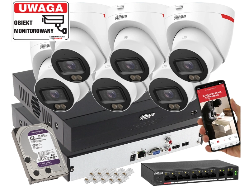 System monitoringu IP Dahua 6x kamera IPC-HDW2849T-S-LED-0280B-PRO 8MPx WizSense WizColor SMD PLUS Mikrofon