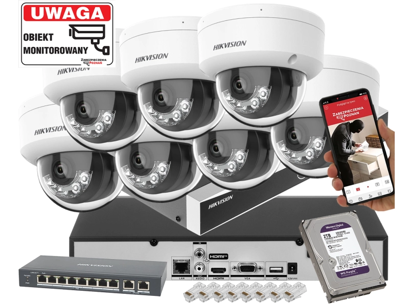 System monitoringu IP Hikvision 7x kamera kopułowa do domu DS-2CD1143G2-LIU 4Mpx Podwójny oświetlacz IR+LED Detekcja 2.0