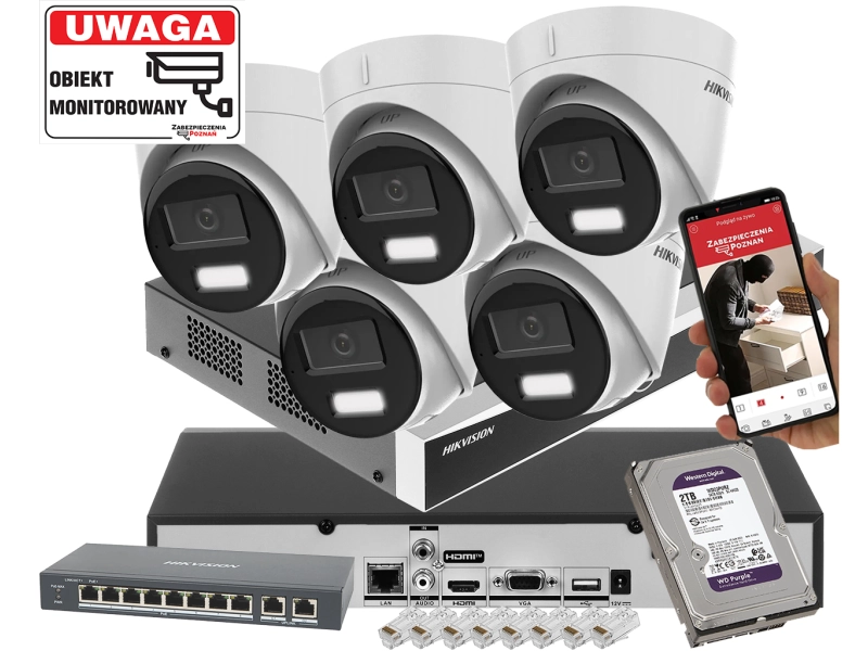 Zestaw monitoringu domu 5x kopułowe kamery IP HIKVISION DS-2CD1383G2-LIUF 8MPx z rejestratorem DS-7608NXI-K1 Acusense POE 2TB