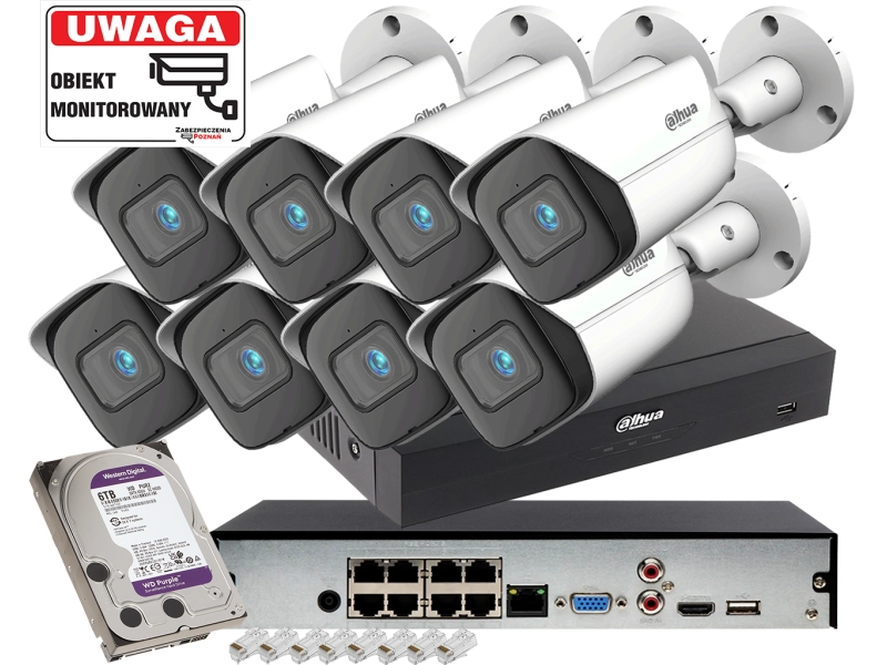 System monitoringu na 8 kamer IP Dahua IPC-HFW3841E-AS-0280B-S2 8MPx Wizsense AI SSA SMD