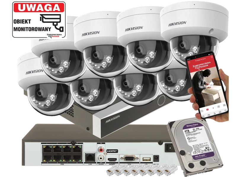 System monitoringu na 8 kamer IP Hikvision DS-2CD1183G2-LIUF 8Mpx Podwójny oświetlacz IR+LED Detekcja 2.0