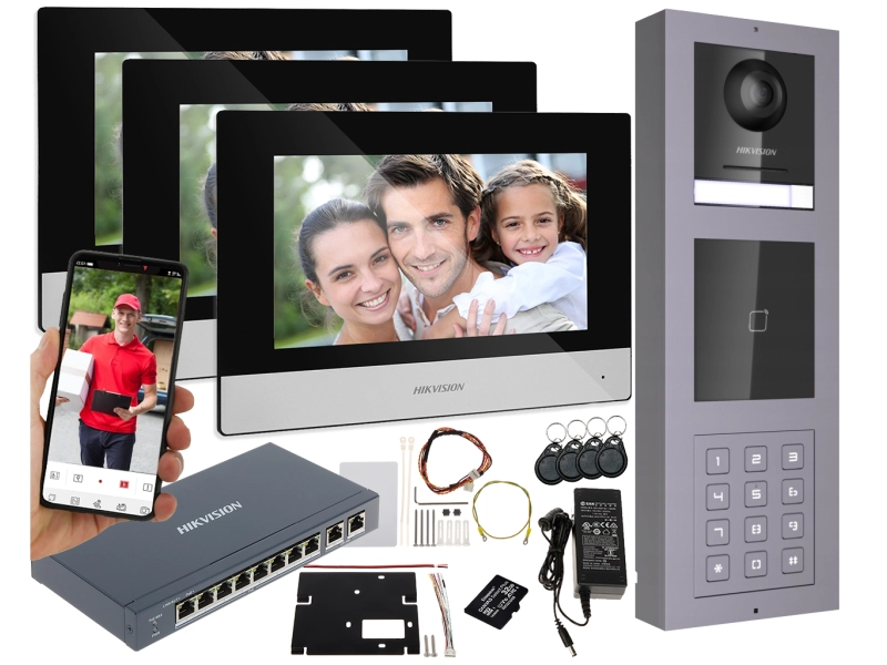 TOP ZESTAW od HIKVISION wideodomofon IP Modułowy NATYNK Stacja Bramowa z KAMERĄ 2Mpx SZYFRATOREM I CZYTNIKIEM KART 3 DOTYKOWE MONITORY